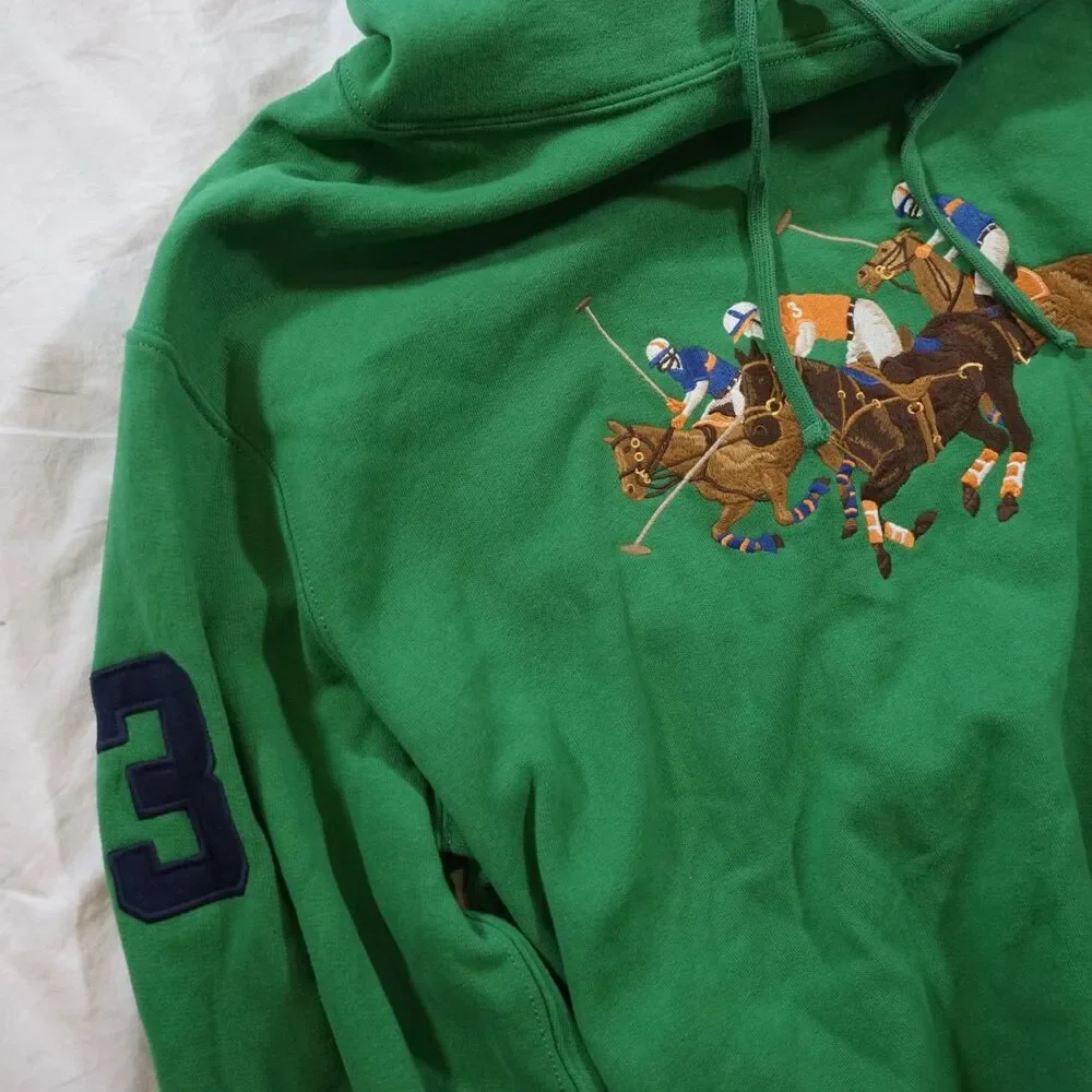 Polo Ralph Lauren Hoodie Embroidered Triple Pony Big Pony 3 Rare Pullover Large - Picture 2 of 8